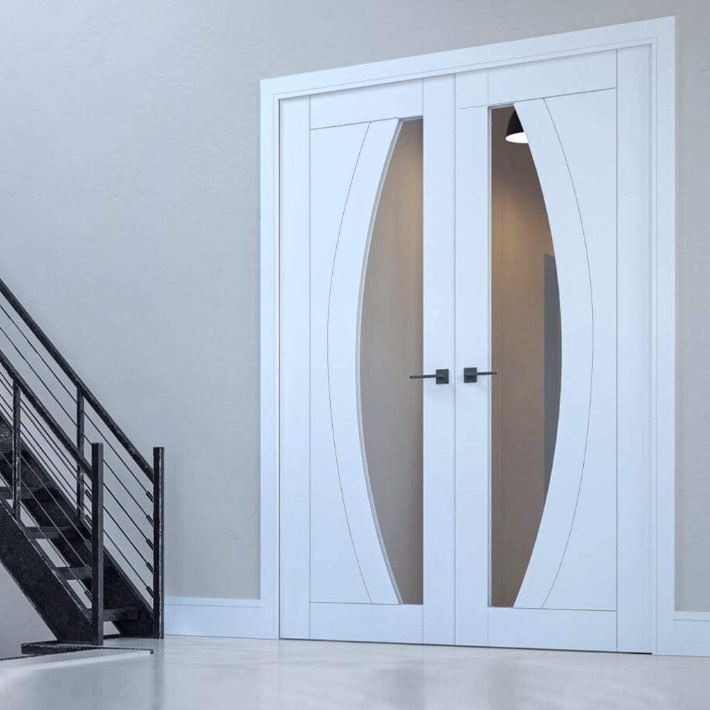 Ravello White Primed Internal Door Pair - Clear Glass
