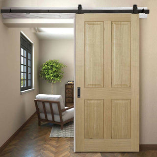 Image: Top Mounted Black Sliding Track & Door - Regency 4 Panel Oak Door - Prefinished