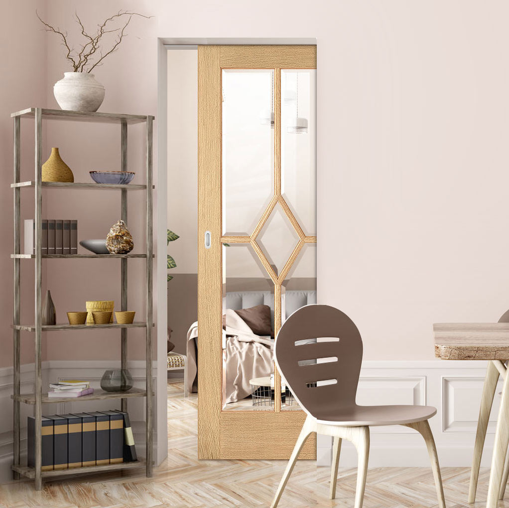 Reims Diamond 5 Panel Oak Absolute Evokit Single Pocket Door- Clear Bevelled Glass - Prefinished