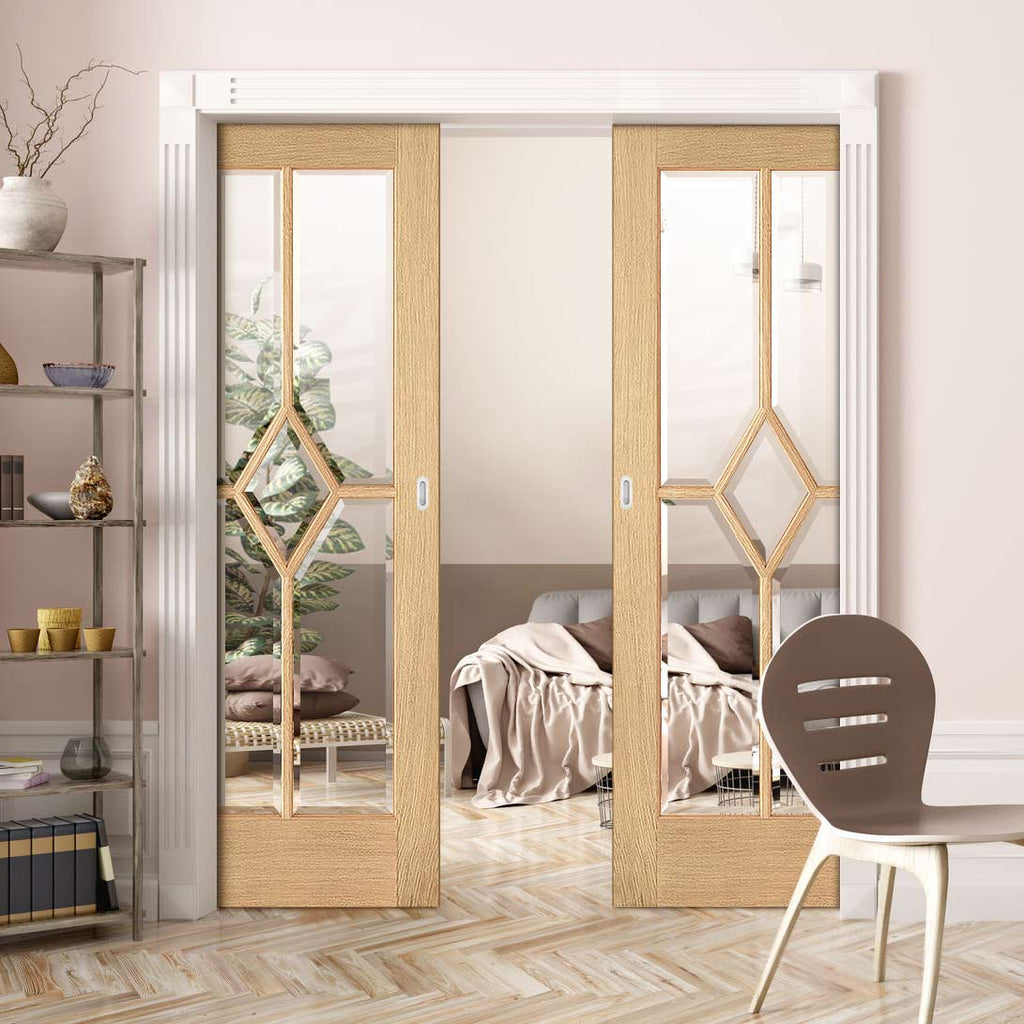 Reims Diamond 5 Panel Oak Double Evokit Pocket Doors- Clear Bevelled Glass - Prefinished