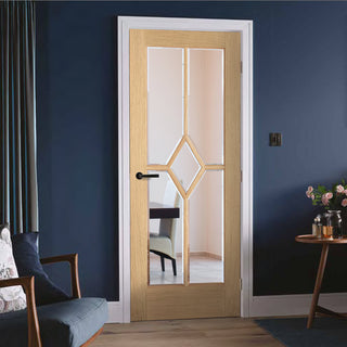 Image: Reims Diamond 5 Panel Oak Internal Door- Clear Bevelled Glass - Prefinished