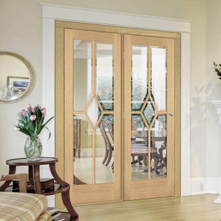 Image: Room Divider - Reims Diamond 5 Panel Oak Clear Bevelled Glass Prefinished Door with Single Side
