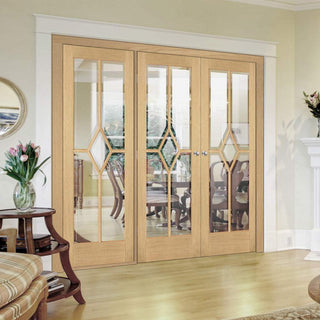 Image: Room Divider - Reims Diamond 5 Panel Oak Clear Bevelled Glass Prefinished Double Doors with Single Side