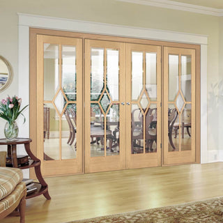 Image: Room Divider - Reims Diamond 5 Panel Oak Clear Bevelled Glass Prefinished Double Doors with Double Sides