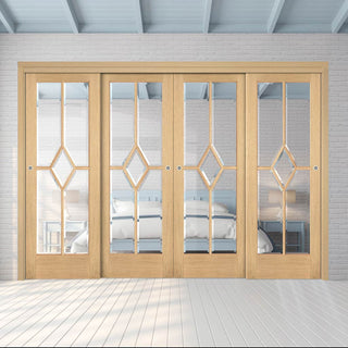 Image: Pass-Easi Four Sliding Doors and Frame Kit - Reims Diamond 5 Panel Oak Door- Clear Bevelled Glass - Prefinished