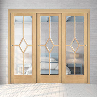 Image: Pass-Easi Three Sliding Doors and Frame Kit - Reims Diamond 5 Panel Oak Door- Clear Bevelled Glass - Prefinished
