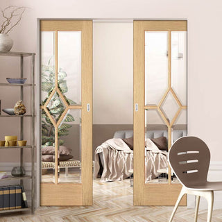 Image: Reims Diamond 5 Panel Oak Absolute Evokit Double Pocket Door- Clear Bevelled Glass - Prefinished