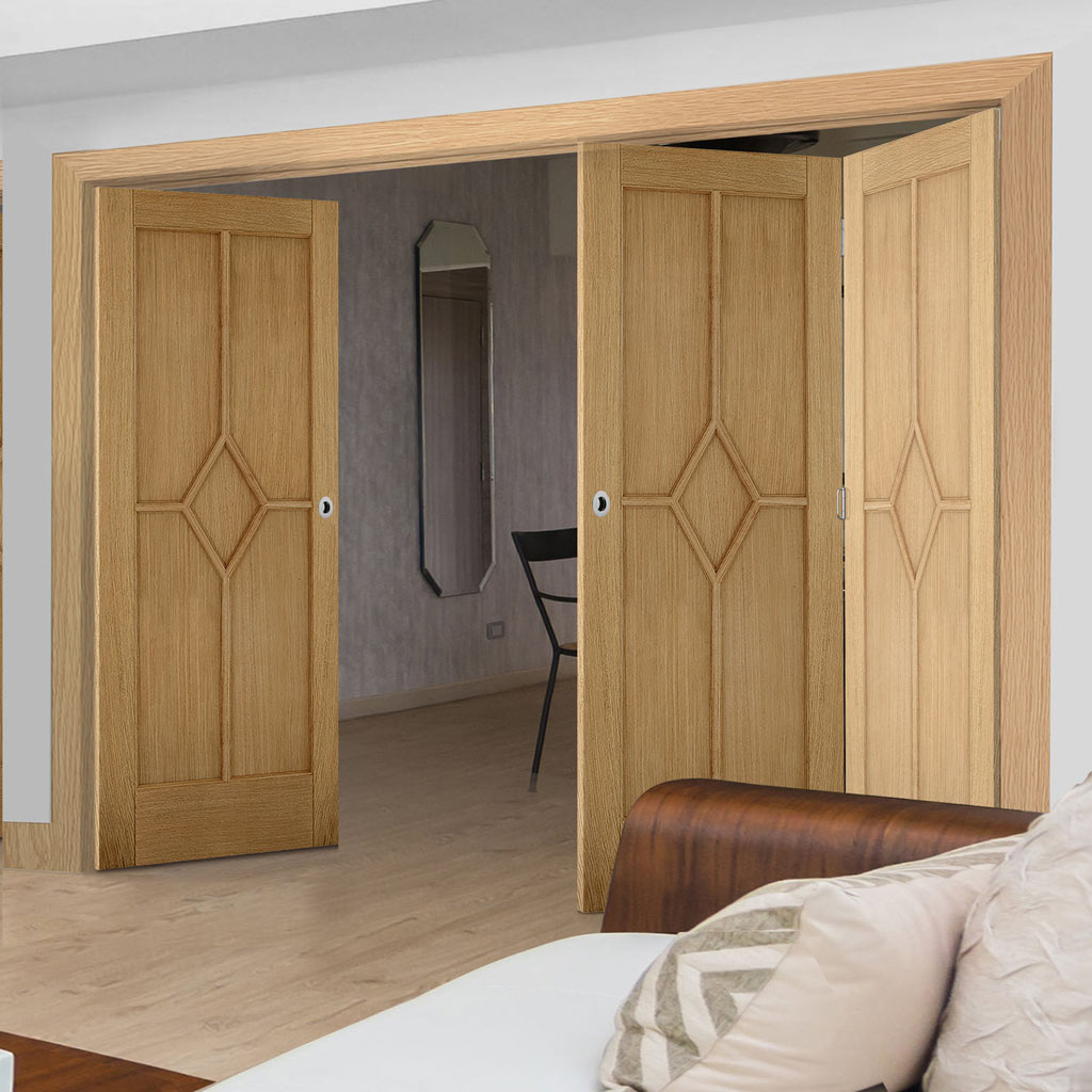 Three Folding Doors & Frame Kit - Reims Diamond 5 Panel Oak 2+1 - Prefinished