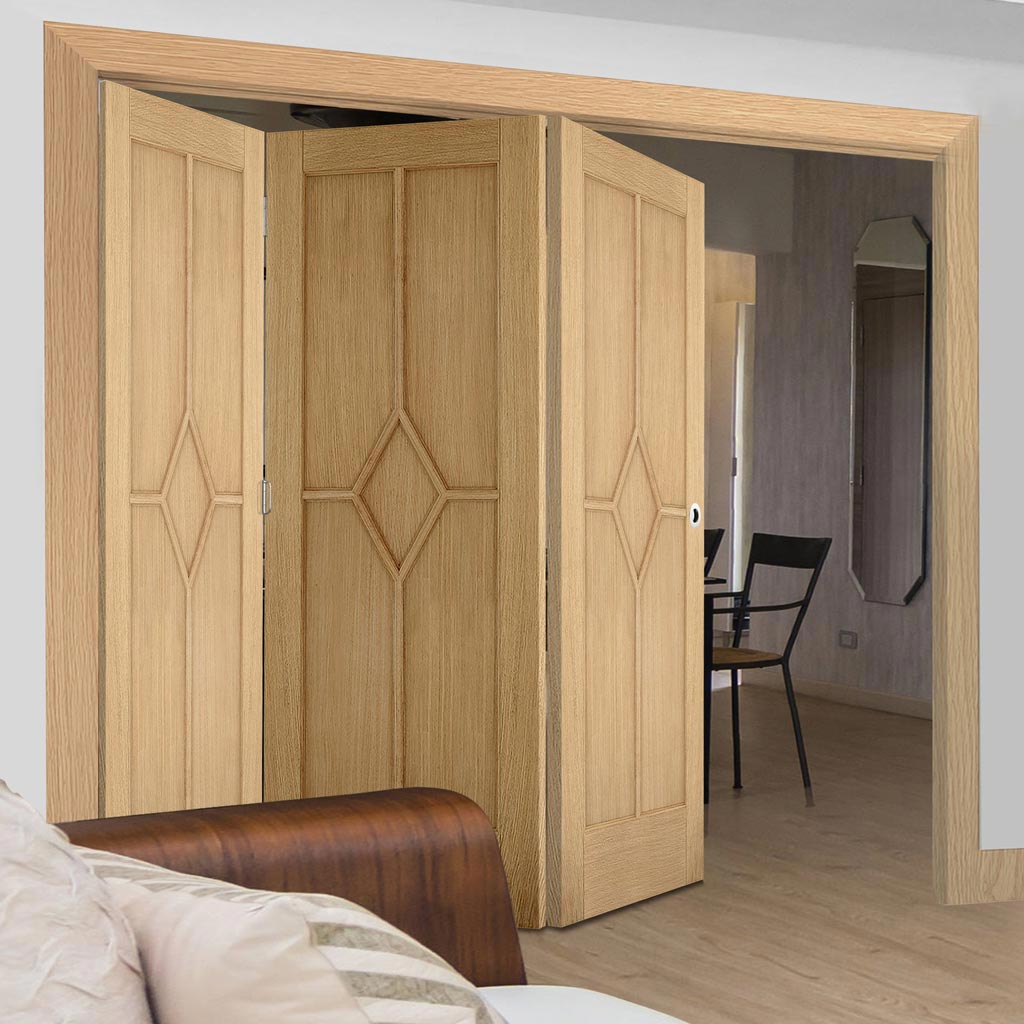 Three Folding Doors & Frame Kit - Reims Diamond 5 Panel Oak 3+0 - Prefinished