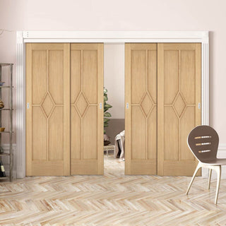 Image: Pass-Easi Four Sliding Doors and Frame Kit - Reims Diamond 5 Panel Oak Door - Prefinished