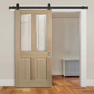 Image: Top Mounted Black Sliding Track & Door - Richmond White Oak Door - No Raised Mouldings - Bevelled Clear Glass - Unfinished
