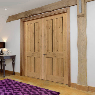 Image: J B Kind Rustic Oak Shaker 4 Panel Internal Door Pair - Prefinished