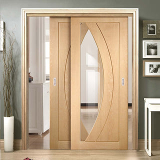Image: Two Sliding Doors and Frame Kit - Salerno Oak Door - Clear Glass - Unfinished