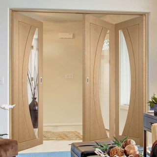 Image: Three Folding Doors & Frame Kit - Salerno Oak 2+1 - Clear Glass - Unfinished