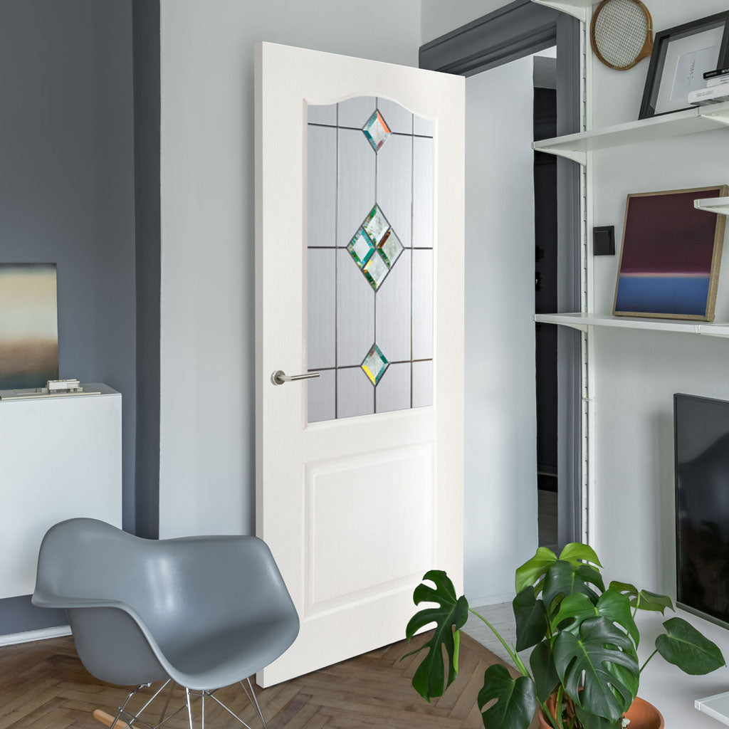 White PVC classic door with grained faces sandblast starburst style toughened glass