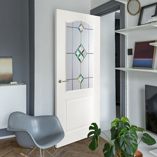Image: White PVC classic door with grained faces sandblast starburst style toughened glass