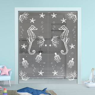 Image: Seahorse 8mm Clear Glass - Obscure Printed Design - Double Evokit Glass Pocket Door