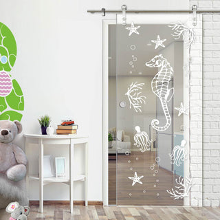 Image: Single Glass Sliding Door - Solaris Tubular Stainless Steel Sliding Track & Seahorse 8mm Clear Glass - Obscure Printed Design