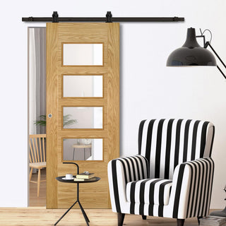 Image: Top Mounted Black Sliding Track & Door - Seville 4L Glazed Oak Door - Prefinished