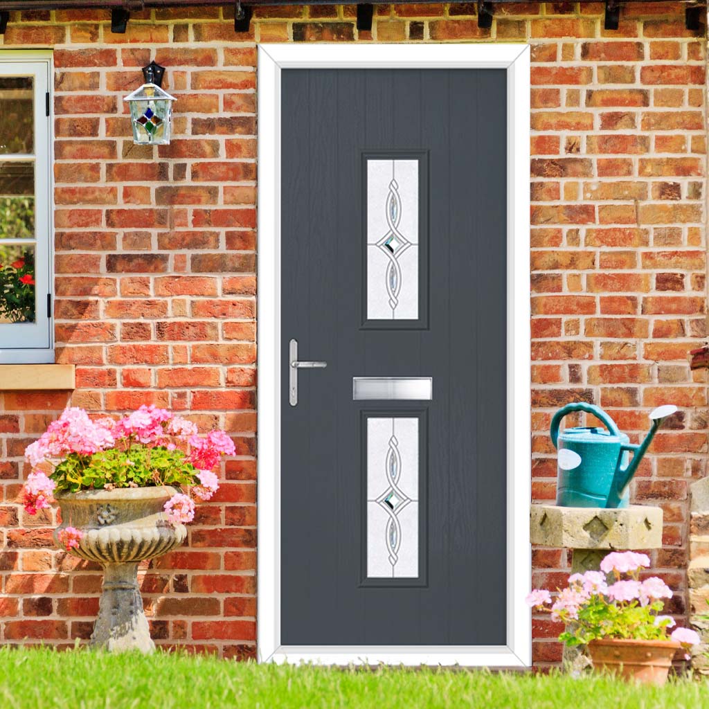 Cottage Style Seville 2 Composite Front Door Set with Pusan Glass - Shown in Slate Grey