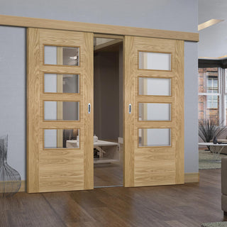 Image: Double Sliding Door & Wall Track - Seville 4L Glazed Oak Door - Prefinished