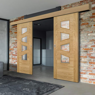 Image: Double Sliding Door & Wall Track - Seville 4LS Glazed Oak Door - Irregular Glass Panes - Prefinished