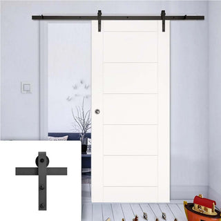 Image: Single Sliding Door & Black Barn Track - Seville White Primed Flush Door