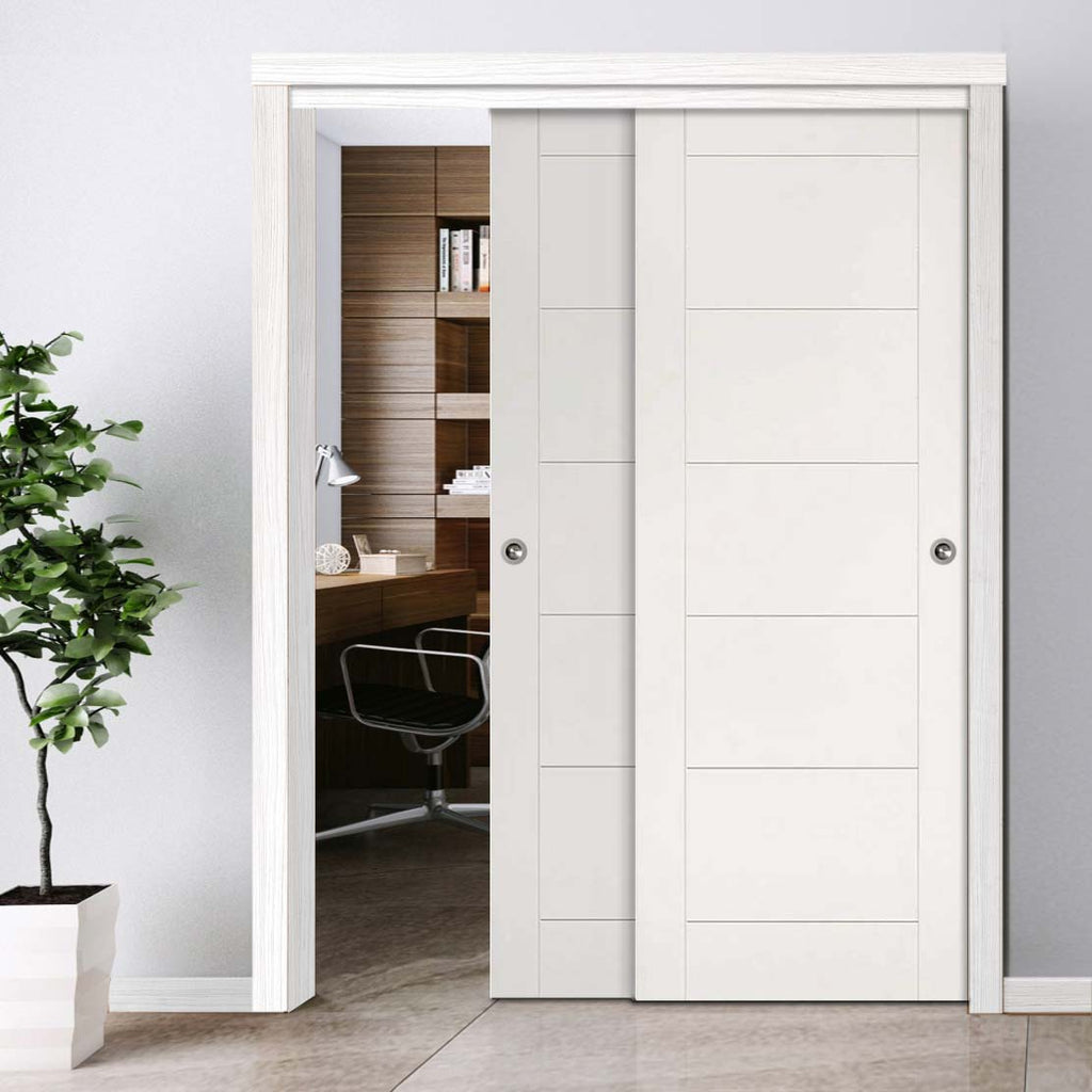 Pass-Easi Two Sliding Doors and Frame Kit - Seville White Primed Flush Door