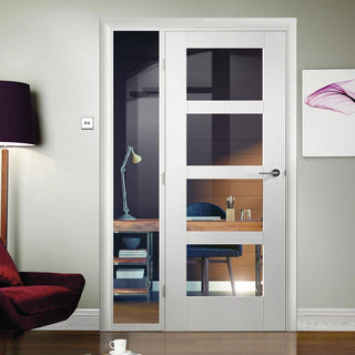 Image: ThruEasi White Room Divider - Shaker Clear Glass Primed Door with Full Glass Side