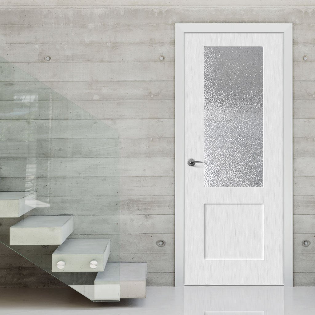 White PVC shaker glazed door with lightly grained faces toughened safety glass 