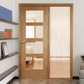 Image: ThruEasi Oak Room Divider - Shaker Clear Glass Unfinished Door with Full Glass Side