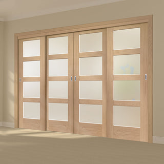 Image: Pass-Easi Four Sliding Doors and Frame Kit - Shaker Oak 4 Pane Door - Obscure Glass - Prefinished