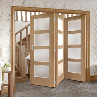 Image: Three Folding Doors & Frame Kit - Shaker Oak 4 Pane 3+0 - Obscure Glass - Prefinished