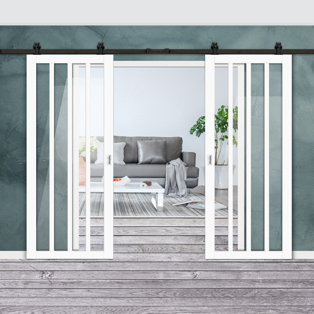 Top Mounted Black Sliding Track & Solid Wood Double Doors - Eco-Urban® Sintra 4 Pane Doors DD6428G Clear Glass - Cloud White Premium Primed