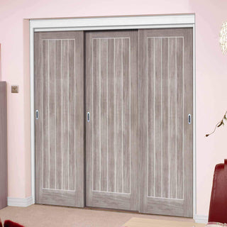 Image: Minimalist Wardrobe Door & Frame Kit - Three Laminate Mexicano Light Grey Doors - Prefinished