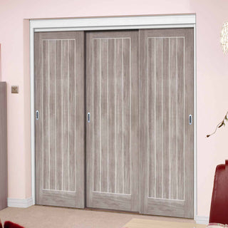 Image: Three Sliding Doors and Frame Kit - Laminate Mexicano Light Grey Door - Prefinished