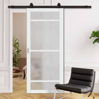 Image: Top Mounted Black Sliding Track & Solid Wood Door - Eco-Urban® Malvan 4 Pane Solid Wood Door DD6414SG Frosted Glass - Cloud White Premium Primed