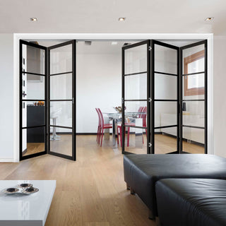 Image: Five Folding Doors & Frame Kit - Soho 4 Pane 3+2 - Clear Glass - Black Primed