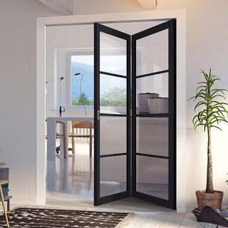 Image: Two Folding Doors & Frame Kit - Soho 4 Pane Charcoal 2+0 - Clear Glass - Prefinished