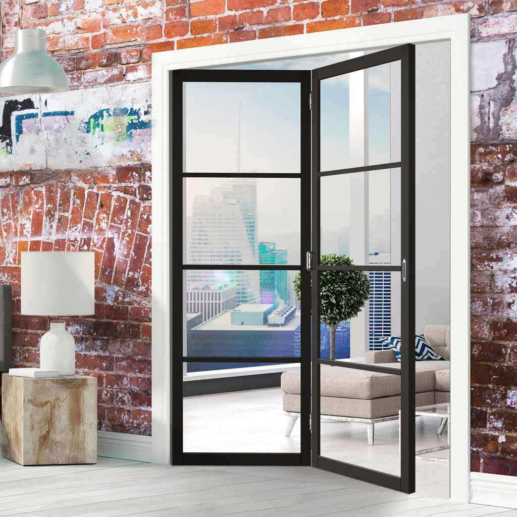 Two Folding Doors & Frame Kit - Soho 4 Pane 2+0 - Clear Glass - Black