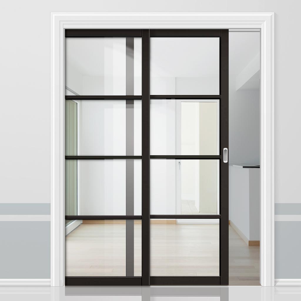 Soho 4 Pane Black Prefinished Staffetta Twin Telescopic Pocket Door - Clear Glass
