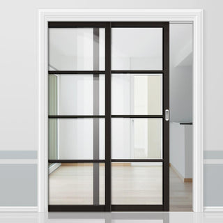 Image: Soho 4 Pane Black Prefinished Staffetta Twin Telescopic Pocket Door - Clear Glass