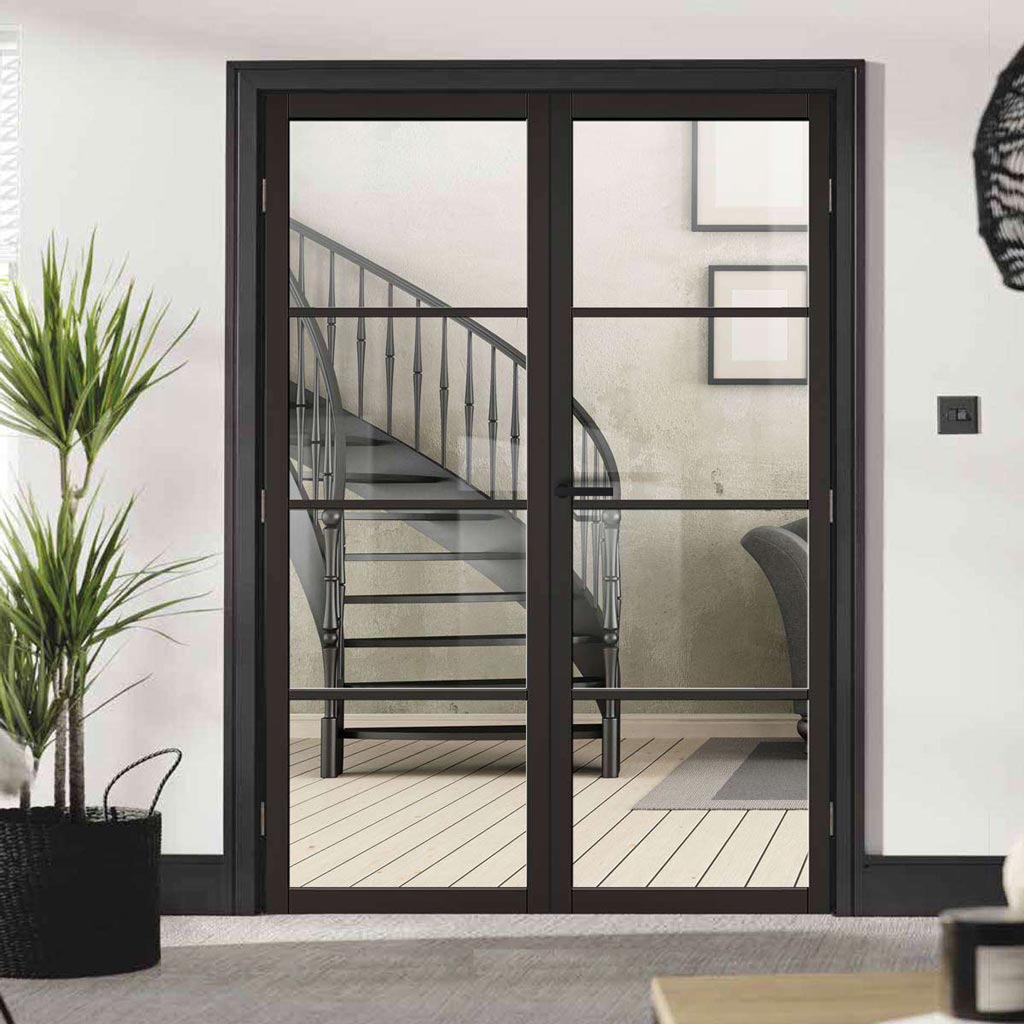 Soho 4 Pane Black Painted Internal Door Pair - Clear Glass - Prefinished