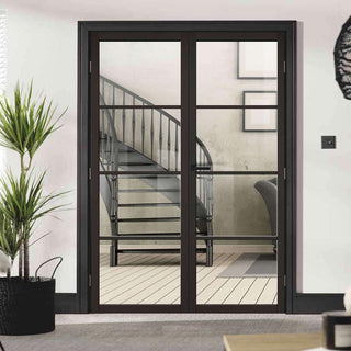 Image: Soho 4 Pane Black Painted Internal Door Pair - Clear Glass - Prefinished