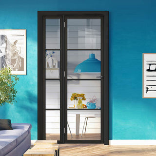 Image: ThruEasi Room Divider - Soho 4 Pane Black Primed Clear Glass Unfinished Industrial Door with Narrow Single Side