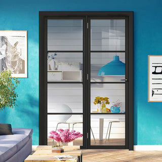 Image: ThruEasi Room Divider - Soho 4 Pane Black Primed Clear Glass Unfinished Door with Single Side