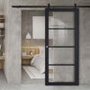 Top Mounted Black Sliding Track & Door - Soho 4 Pane Charcoal Door - Clear Glass - Prefinished