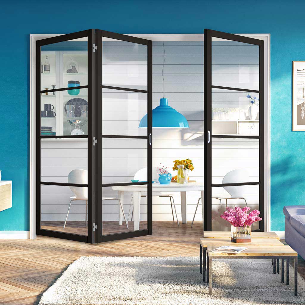 Three Folding Doors & Frame Kit - Soho 4 Pane 2+1 - Clear Glass - Blac
