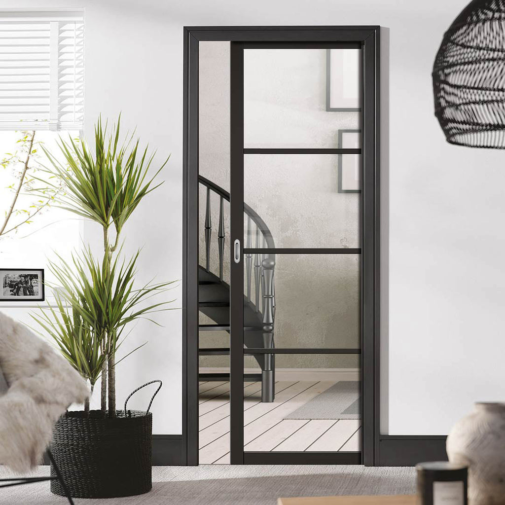 Soho 4 Pane Black Primed Single Evokit Pocket Door - Clear Glass