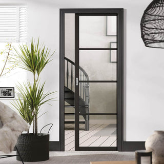 Image: Soho 4 Pane Black Primed Single Evokit Pocket Door - Clear Glass